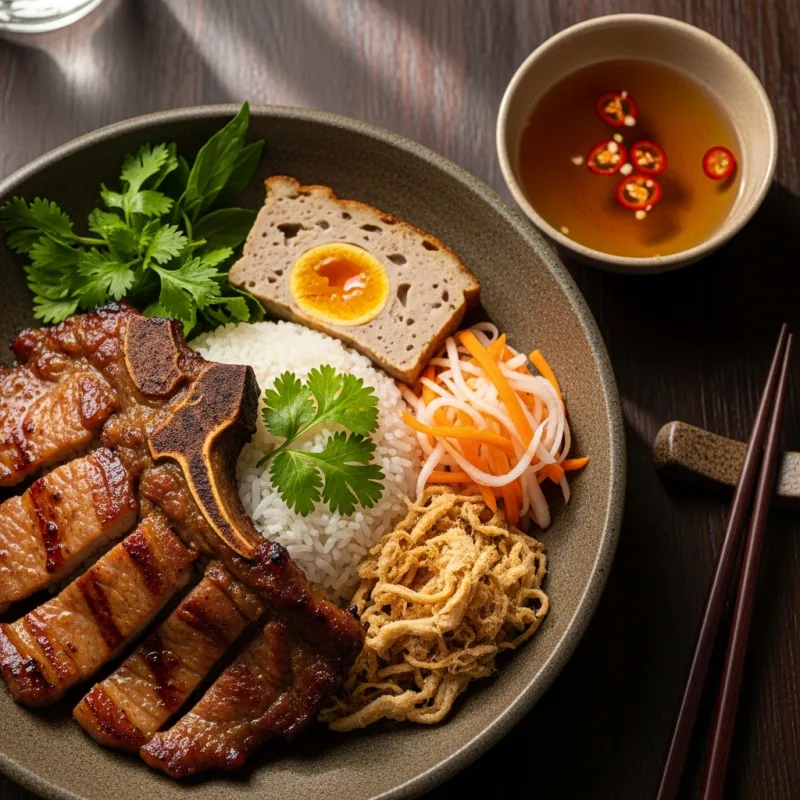 A plate of Com Tam, Vietnamese broken rice with grilled pork and egg meatloaf