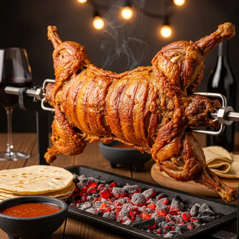 Cabrito al Pastor roasting over mesquite coals