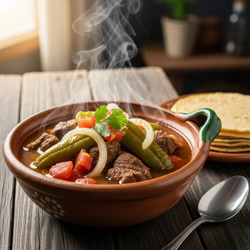 Bowl of traditional Caldillo Durangueño beef stew
