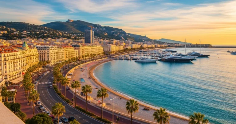 Cannes 7 Panoramic view of the Boulevard de la Croisette and the Bay of Cannes at sunset