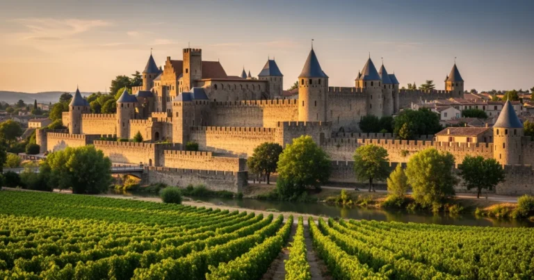 Carcassonne 7 Panoramic view of the medieval city of Carcassonne at golden hour