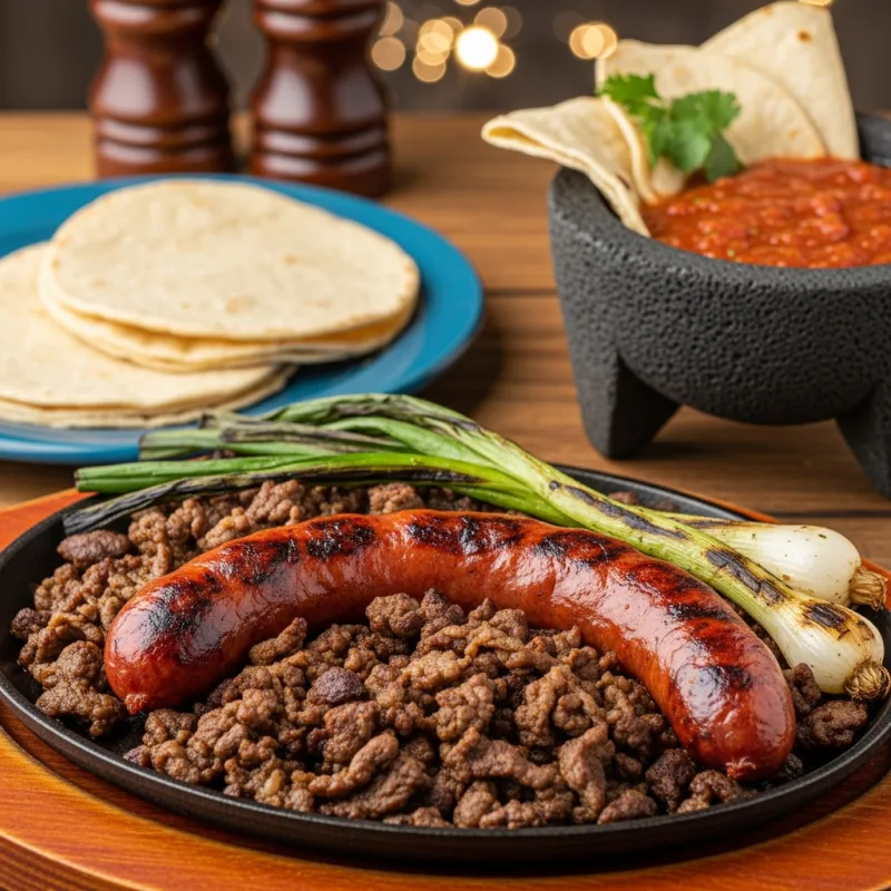 Sizzling platter of Carne Asada and Chorizo with tortillas and salsa