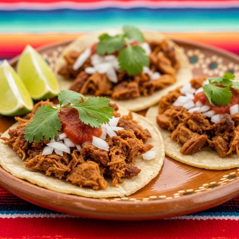 Authentic Michoacan-style carnitas tacos on a clay plate