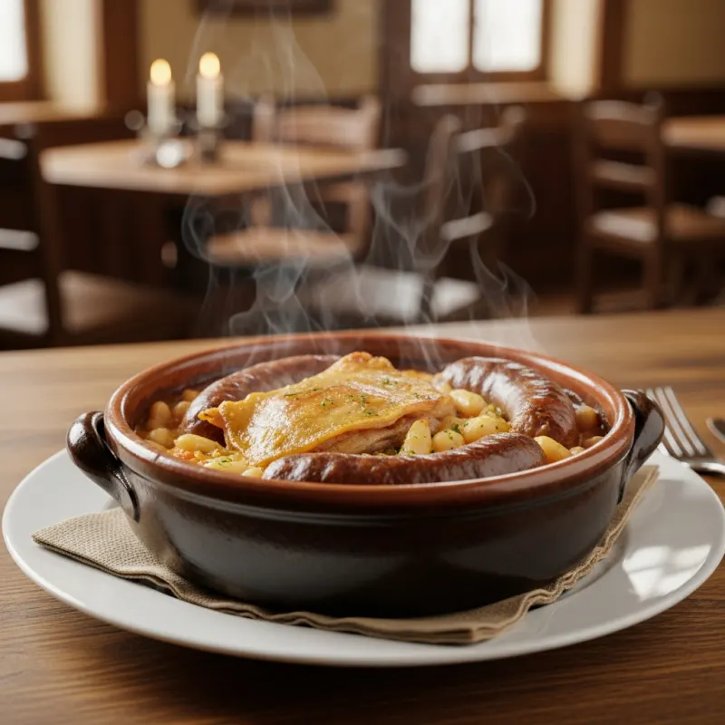 Traditional French Cassoulet in a rustic clay pot