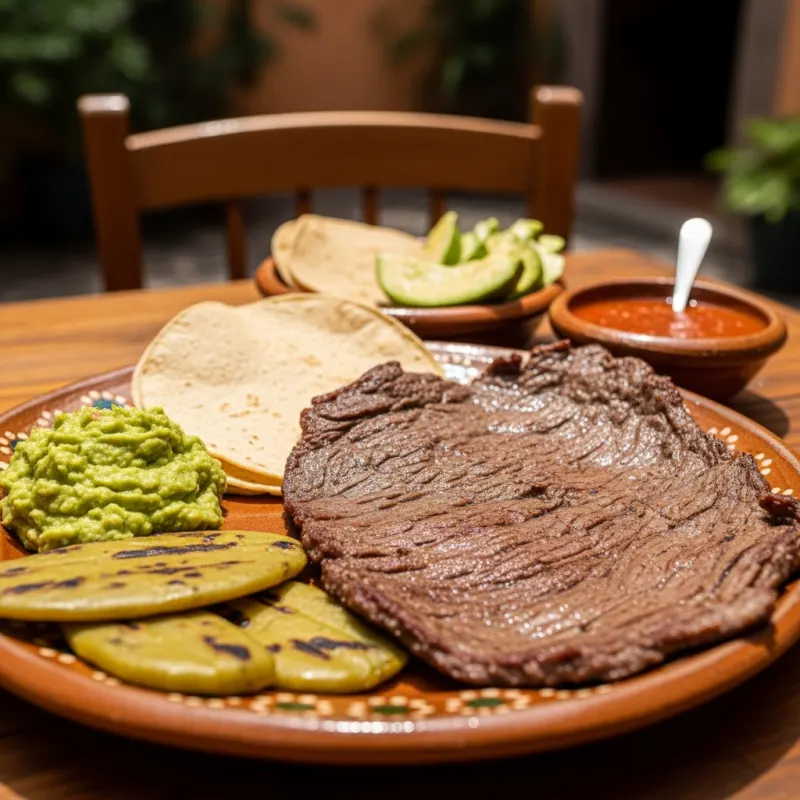A plate of grilled Cecina de Yecapixtla with nopales, guacamole, and tortillas
