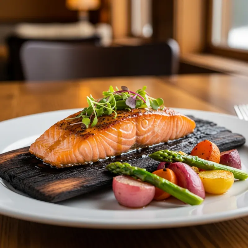 Cedar Plank BC Wild Salmon served with roasted vegetables