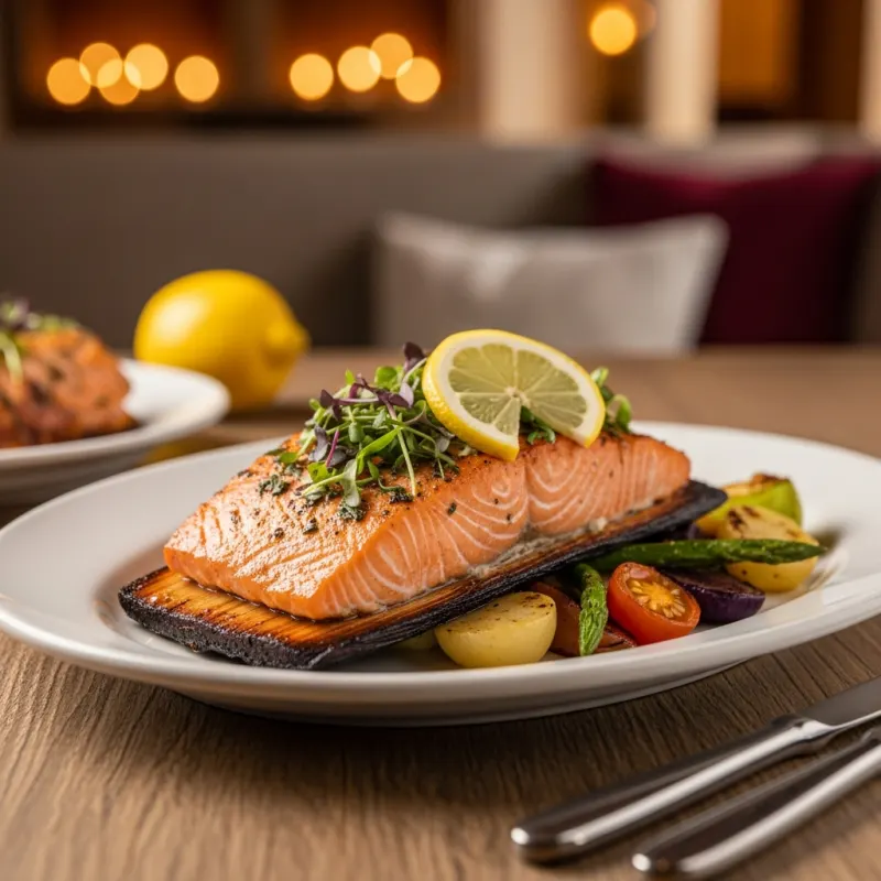 Cedar-Plank Pacific Northwest Wild Salmon served in a Whistler lodge