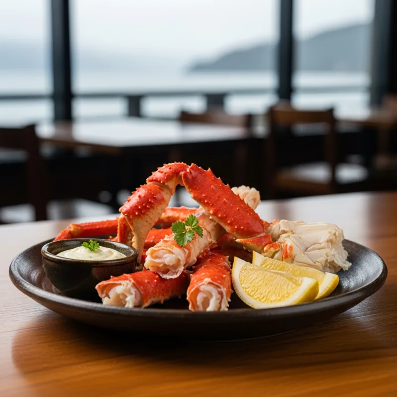 Fresh Patagonian King Crab legs served with lemon and mayonnaise