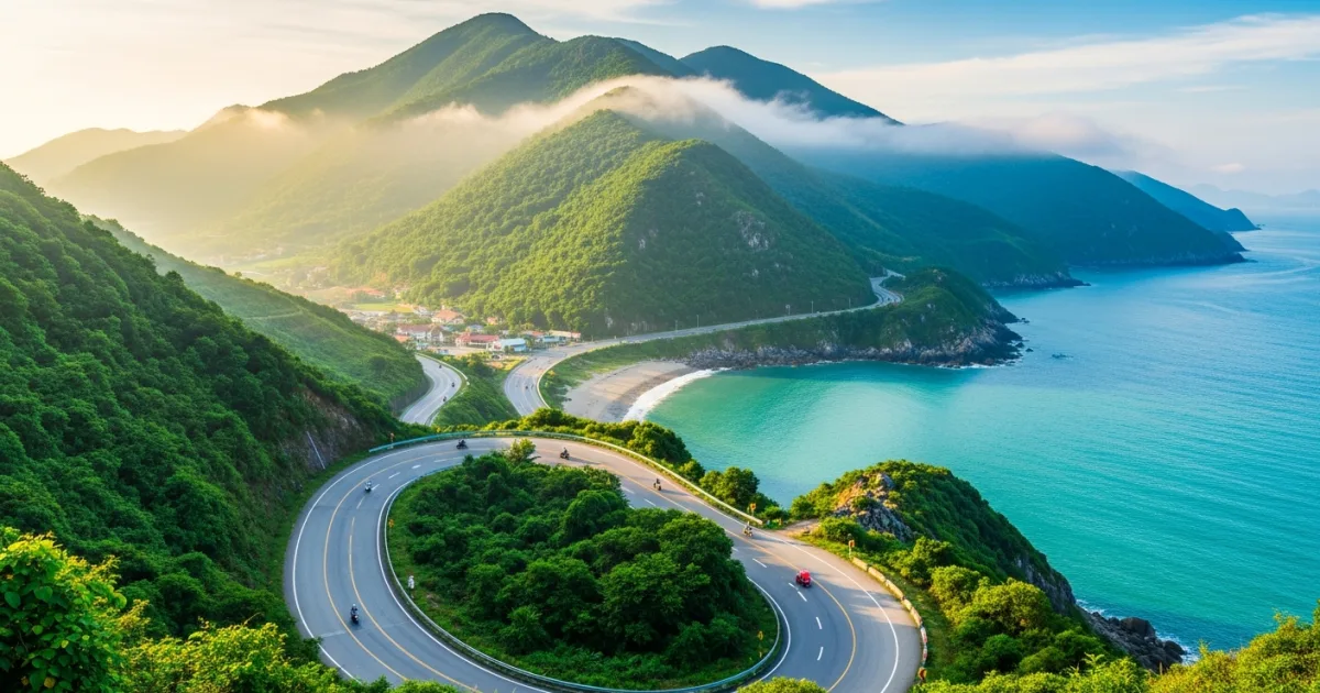 Scenic view of the Hai Van Pass coastal road in Central Vietnam
