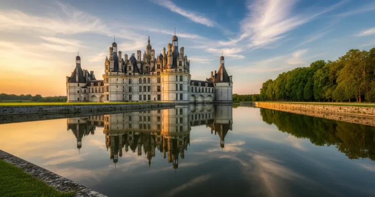 Centre-Val de Loire 11 Château de Chambord reflecting in the water at golden hour in Centre-Val de Loire