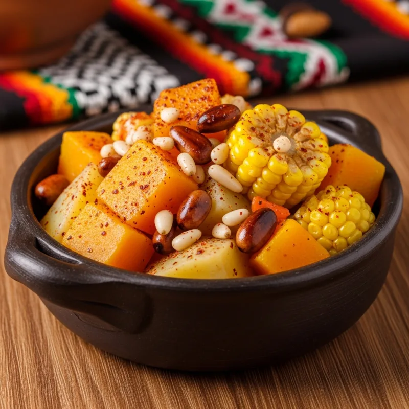 A bowl of Charquicán con Piñones, a traditional Mapuche stew from Araucania