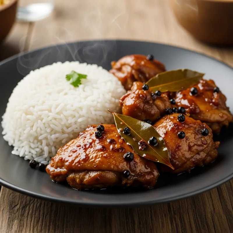 Traditional Filipino Chicken Adobo with white rice