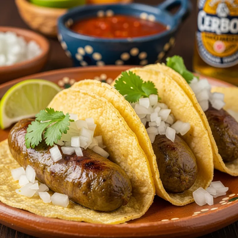 Tacos of green chorizo with cilantro and onion on a rustic plate