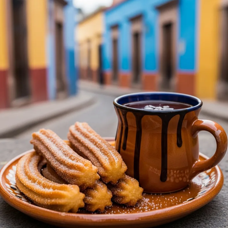 Fresh churros with a mug of Mexican hot chocolate