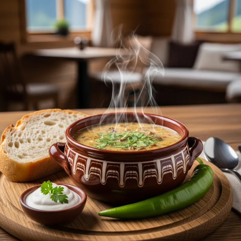 A bowl of traditional Romanian Ciorbă de hribi mushroom soup