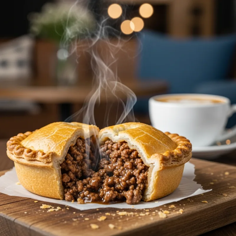 Freshly baked classic Kiwi meat pie with savory gravy filling
