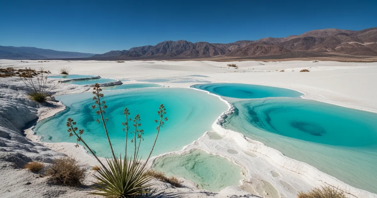 Turquoise pools and white gypsum dunes at Cuatro Ciénegas in Coahuila