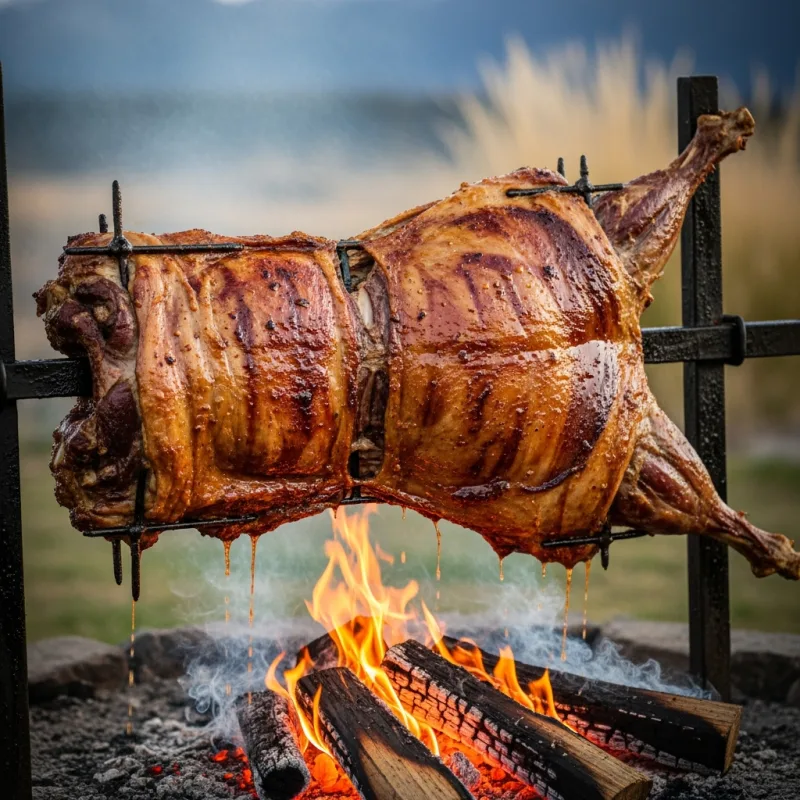 Traditional Patagonian Cordero al Palo roasting over a fire