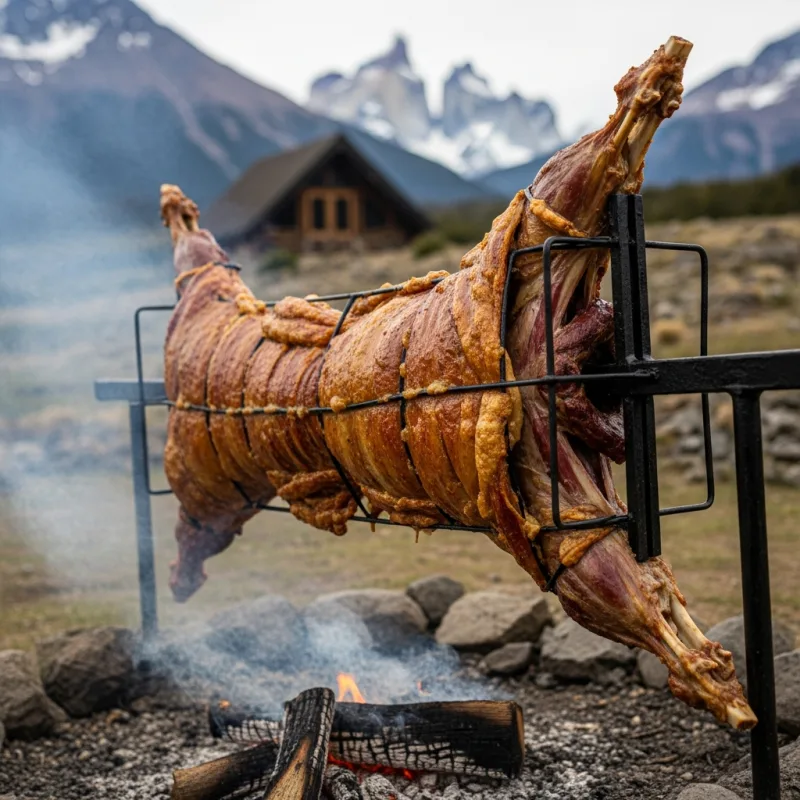 Cordero al Palo roasting over an open fire in Patagonia