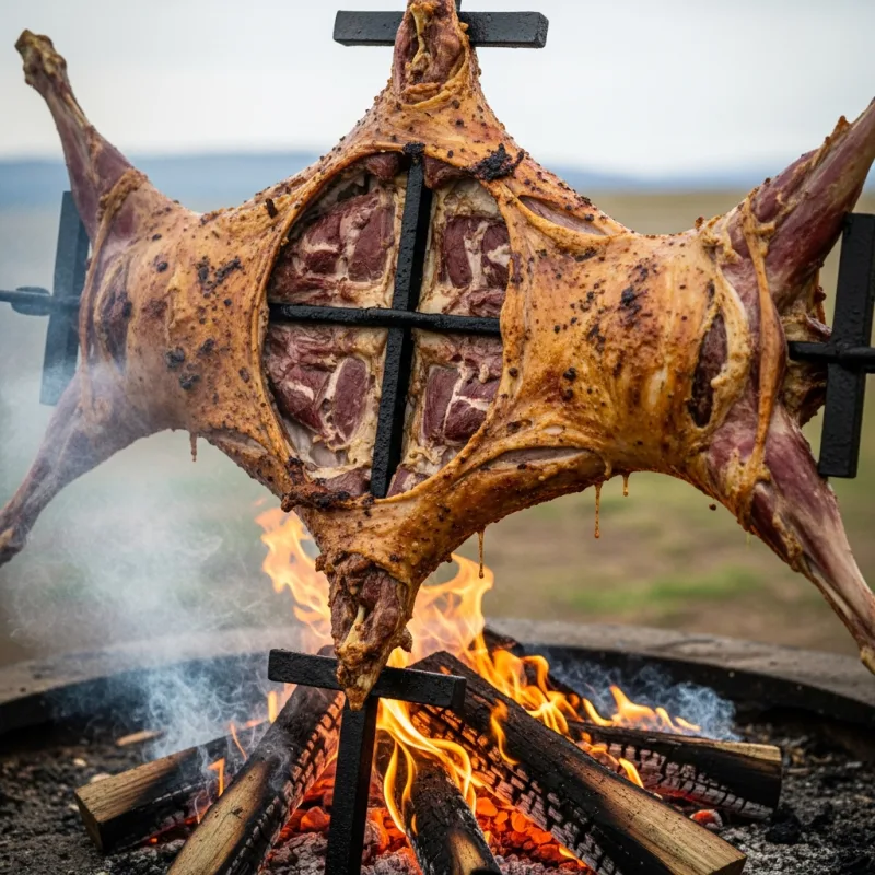 Cordero al Palo roasting over an open fire in Patagonia