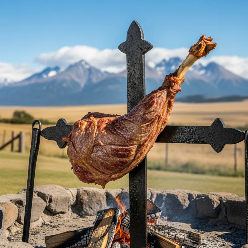 Cordero Patagónico roasting on an open fire in Argentina