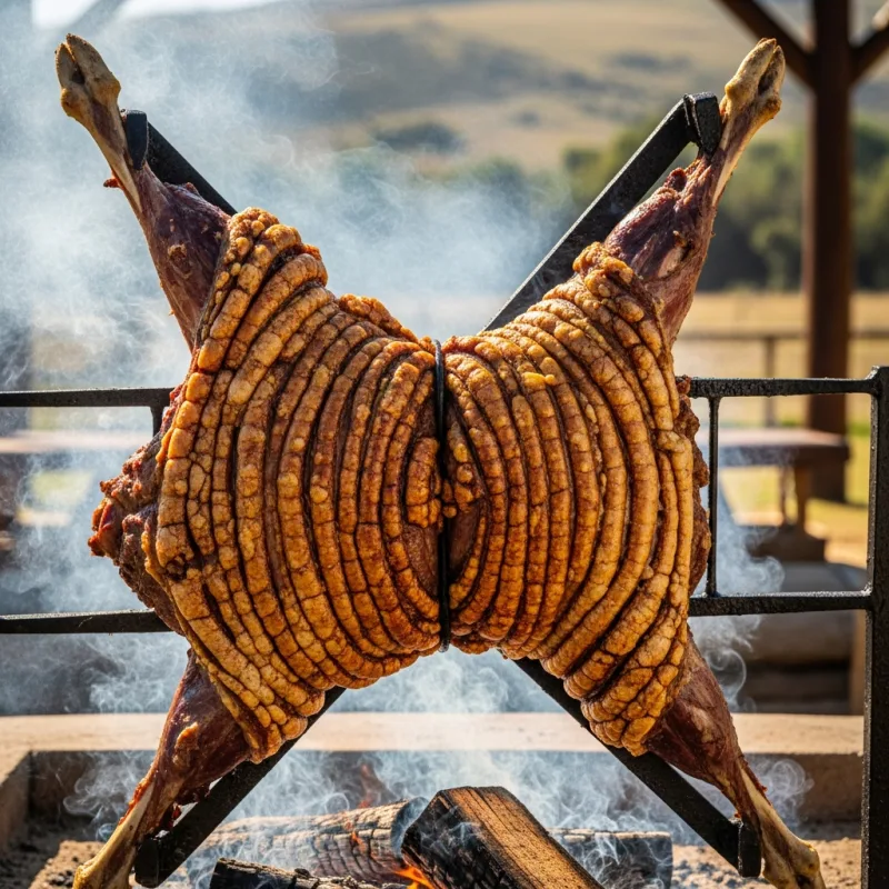 Cordero Patagónico roasting over an open fire