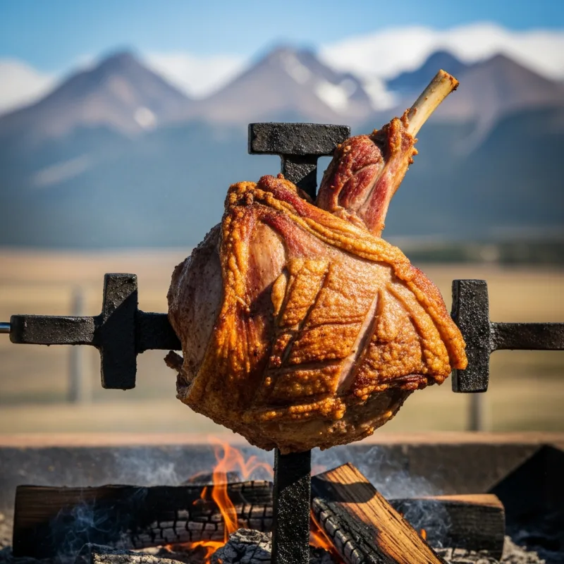 Cordero Patagónico roasting on an open fire in Argentina