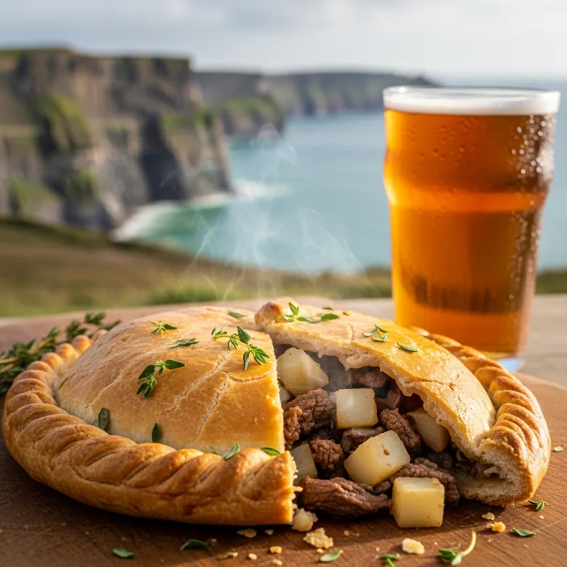 Freshly baked Cornish Pasty on a wooden board