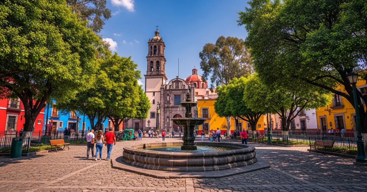 Jardín Centenario plaza in Coyoacan featuring the Coyote fountain and historic church
