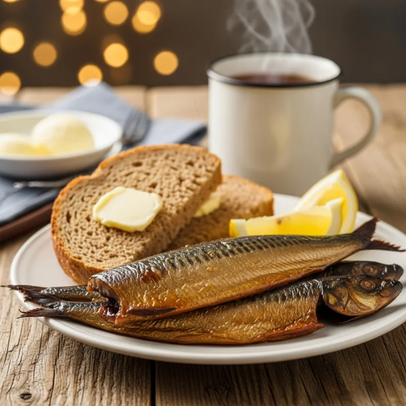A plate of smoked Craster kippers with buttered brown bread