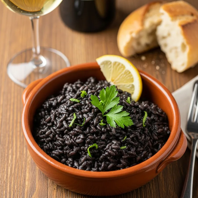 A bowl of traditional Croatian Crni Rižot (Black Risotto) garnished with parsley and lemon