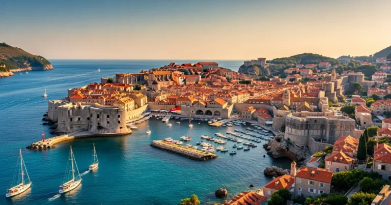 Croatia 4 Wide-angle view of Dubrovnik Old Town and the Adriatic Sea at sunset