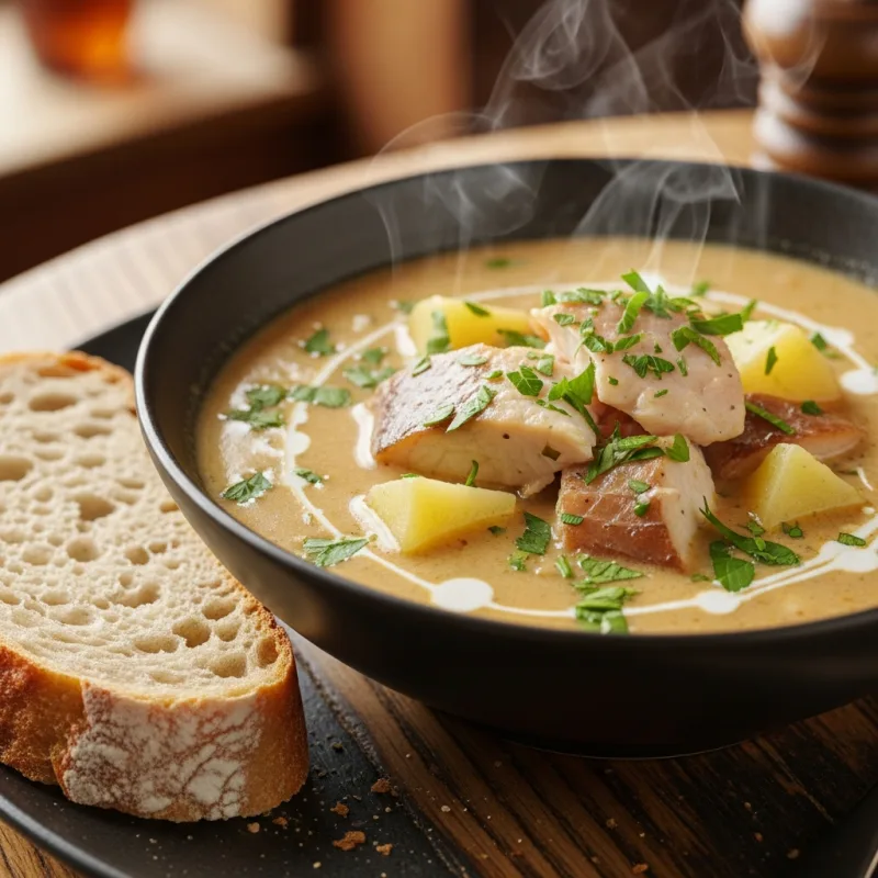 A steaming bowl of traditional Scottish Cullen Skink soup