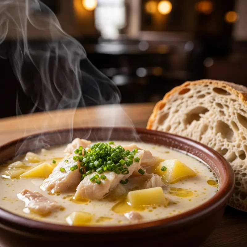 Bowl of Cullen Skink soup with crusty bread