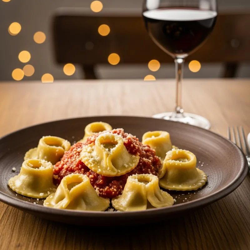A plate of traditional Sardinian Culurgiones pasta with tomato sauce