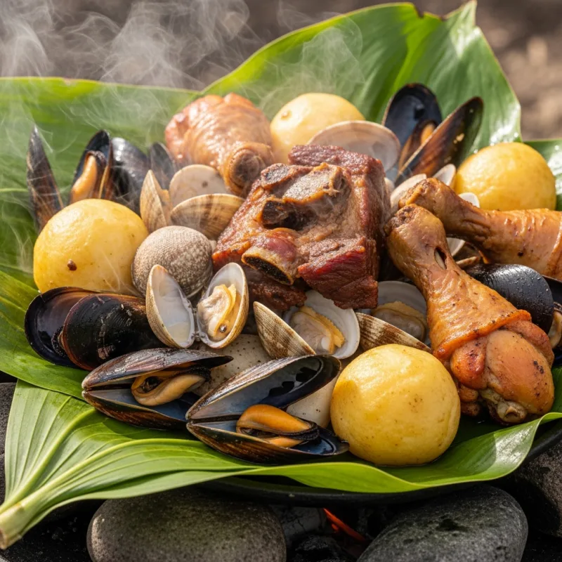Traditional Chilean Curanto cooked over hot stones
