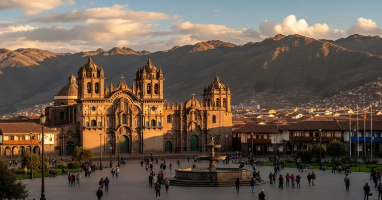 Cusco 4 Plaza de Armas in Cusco with the Cathedral and Andes mountains
