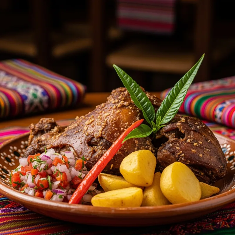Traditional Peruvian Cuy al Horno served with potatoes and salsa