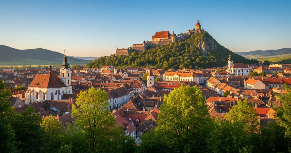 Panoramic view of Deva city and the hilltop Deva Fortress in Transylvania, Romania