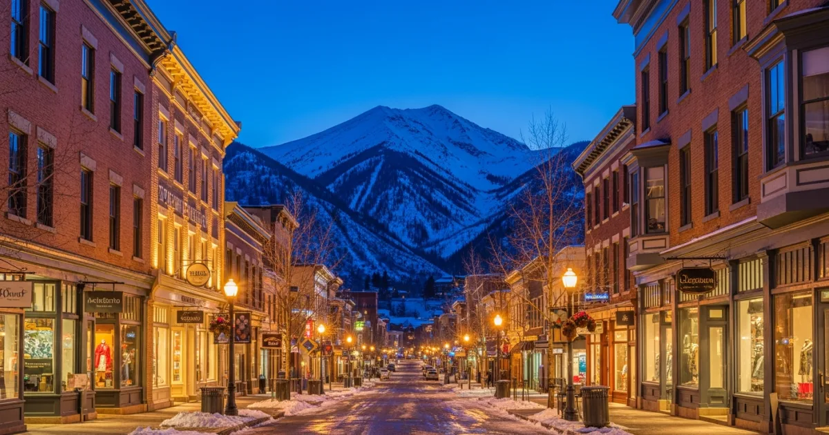 Downtown Aspen at twilight during winter with snow-covered streets and Aspen Mountain in the background