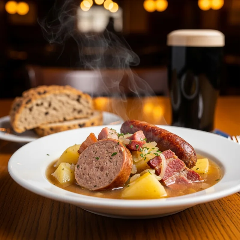 A traditional bowl of Dublin Coddle with sausages, bacon, and potatoes