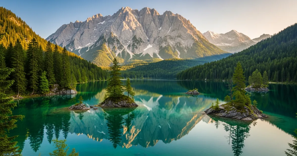 Panoramic view of Eibsee lake and the Zugspitze mountain in Bavaria