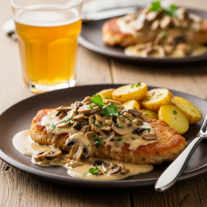 Escalope à la Normande served with roasted potatoes and cider