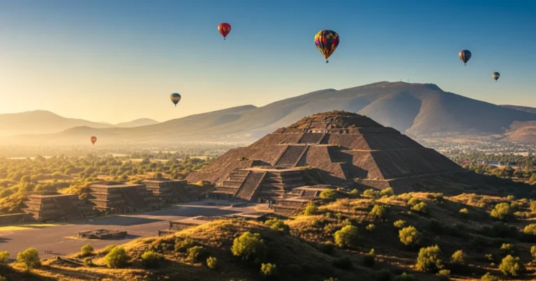 Estado de Mexico 8 Hot air balloons flying over the Pyramid of the Sun at Teotihuacan at sunrise