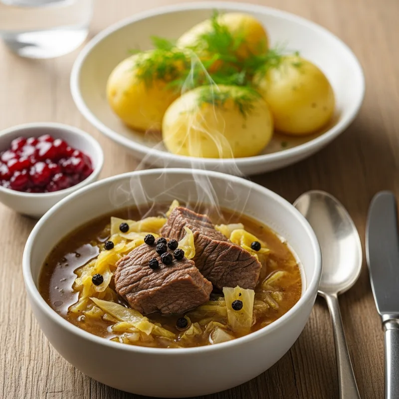 A bowl of traditional Norwegian Fårikål stew with mutton and cabbage