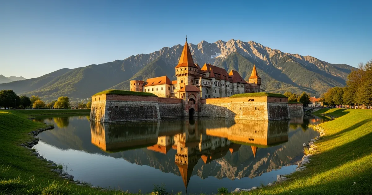 Fagaras Fortress surrounded by a moat with the Fagaras Mountains in the background