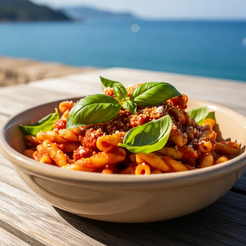 A bowl of traditional Calabrian Fileja pasta with spicy 'nduja sauce