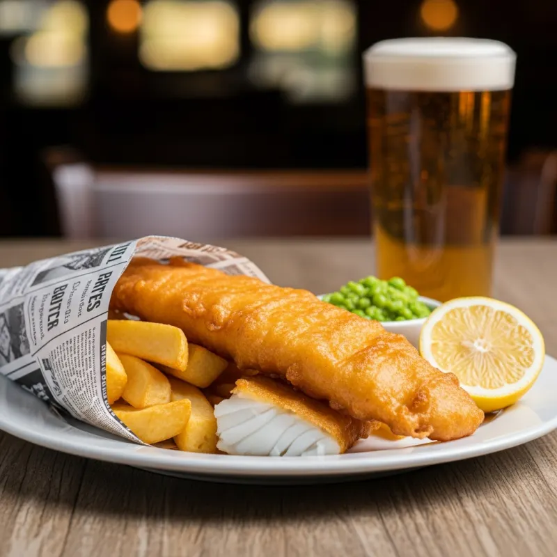 Traditional British Fish and Chips with mushy peas and a pint of ale