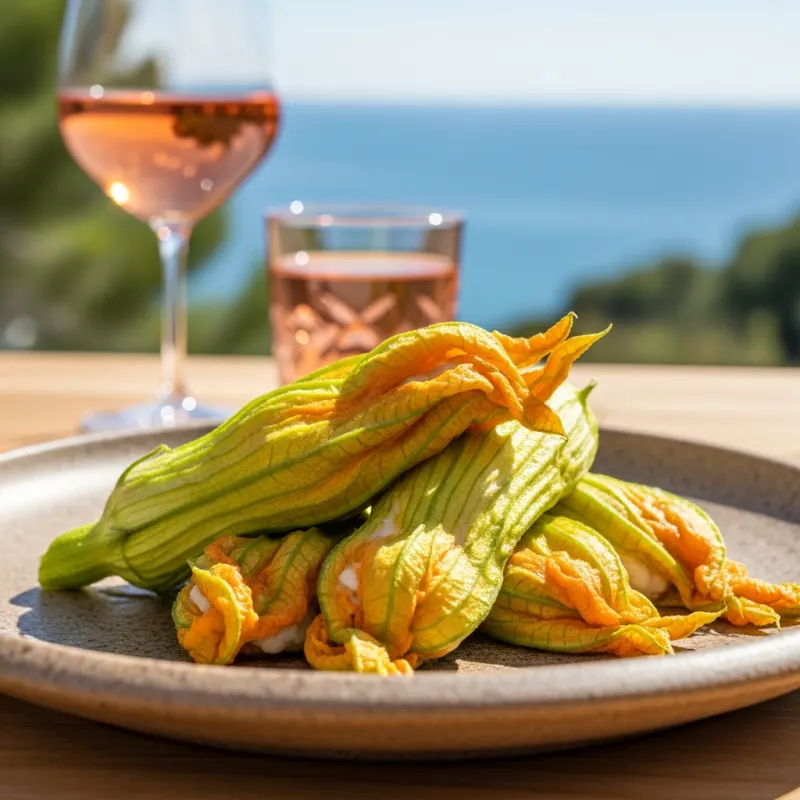 Fleurs de Courgettes Farcies on a rustic plate