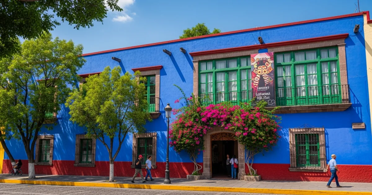 Exterior view of the vibrant blue Frida Kahlo Museum in Mexico City